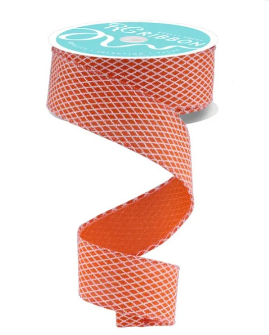 a roll of red and white patterned ribbon with a turquoise label.