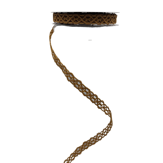 a spool of brown ribbon on a white background