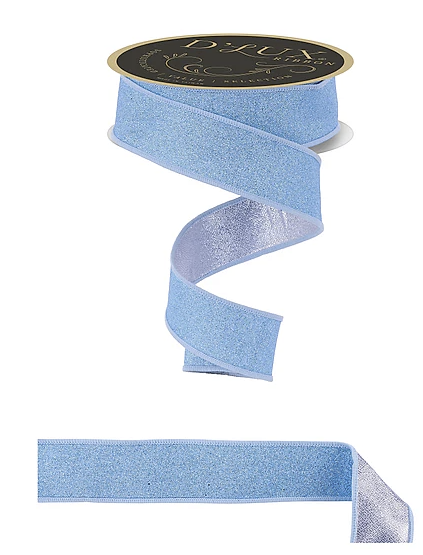 A blue metallic ribbon with a black label, and a silver ribbon below it.