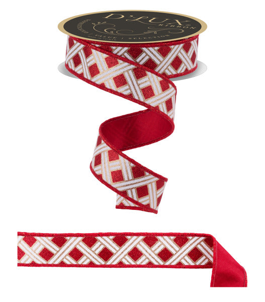 a red and white patterned ribbon with a metallic sheen, and a black and gold label on top of it.