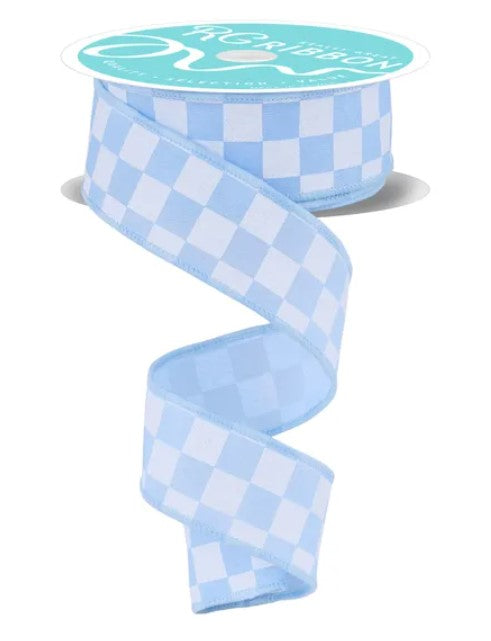 A blue and white checkered ribbon is shown, with the ribbon winding around a spool.