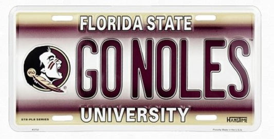 A Florida State University license plate with the text "GO NOLES" prominently displayed.