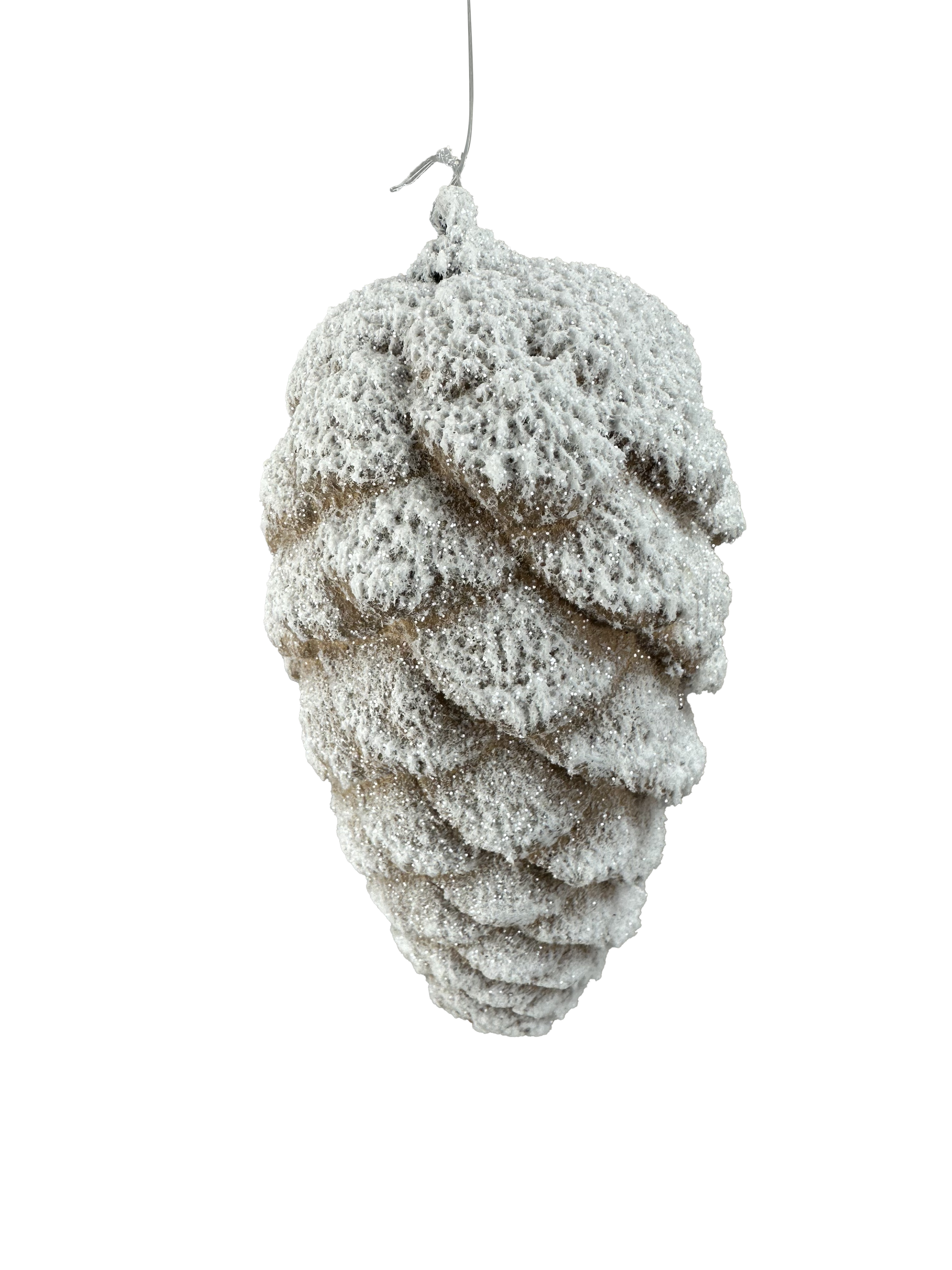 A close-up of a snow-covered pine cone, with its intricate and textured surface covered in a layer of white snow.