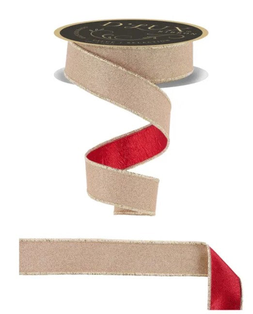 a beige ribbon with a red interior, and it is attached to a black circular object with a gold border.