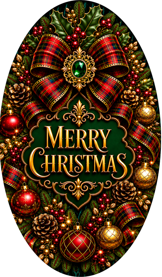The image is a festive Christmas decoration with a large bow, ornaments, pine cones, and a "Merry Christmas" sign.
