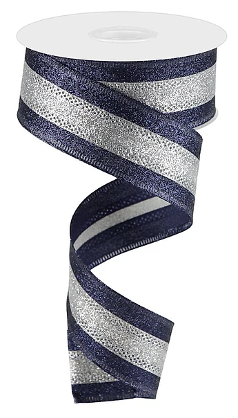 A spiral-shaped ribbon with alternating blue and silver stripes.