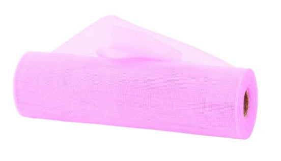 A roll of pink mesh or tulle material against a white background.