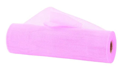 A roll of pink mesh or tulle material against a white background.