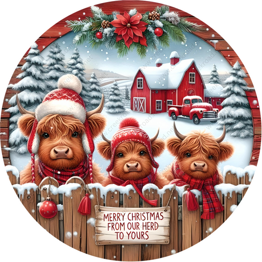 a christmas card with three brown cows wearing red hats