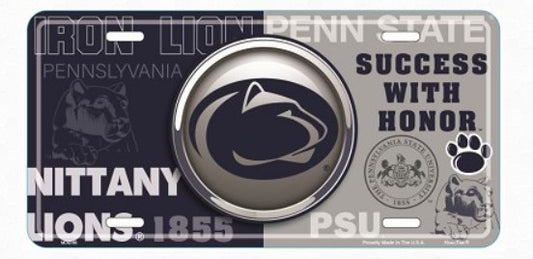 The image is a license plate with the Penn State logo and the Penn State University seal. The plate features the Penn State logo, a paw print, and the words "Success with Honor" and "Nittany Lions 1855".