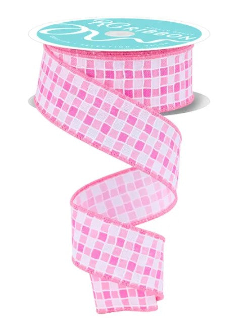 A pink and white checkered ribbon is shown, with a turquoise label on top.
