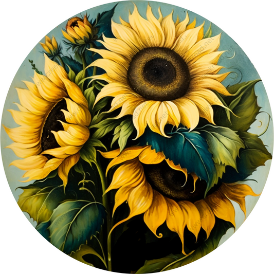 a painting of sunflowers in a blue circle