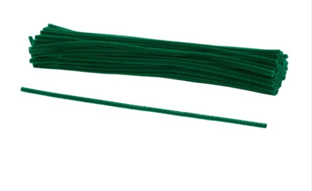 A bundle of green pipe cleaners is shown on a white background.