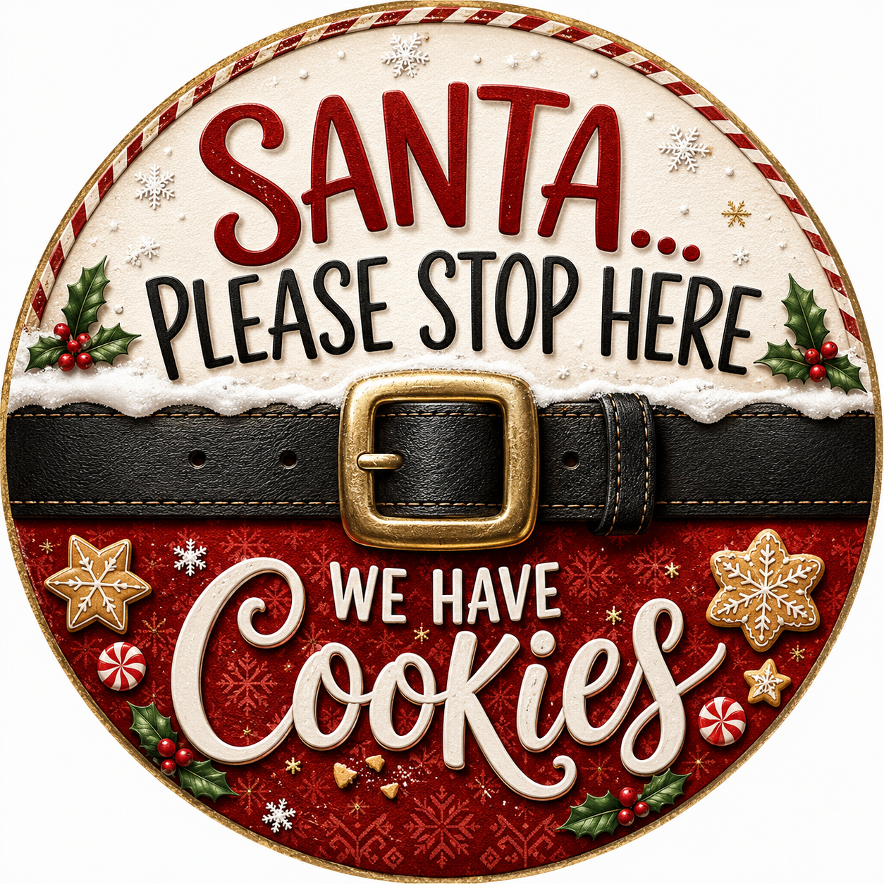 Santa Claus sign with the text "Please stop here we have cookies"