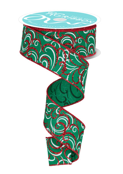 a green and red ribbon with a swirl design on it