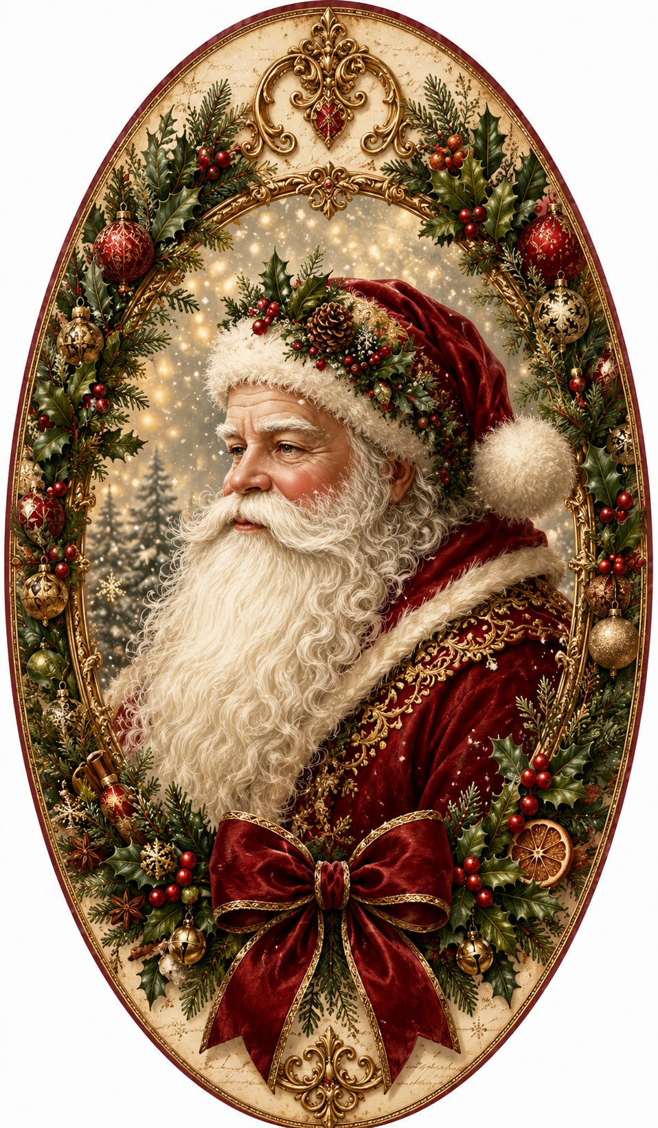 Santa Claus in a red suit and hat, surrounded by a wreath of greenery, red berries, and gold ornaments, with a bow on his chest.