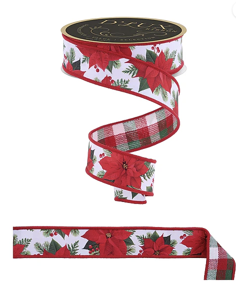 A red and white Christmas ribbon with a floral pattern, including poinsettias and pine trees, is shown against a white background.