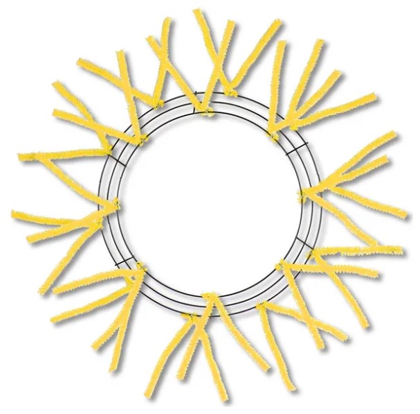 a circular wreath made of yellow pipe cleaners arranged in a circular pattern.