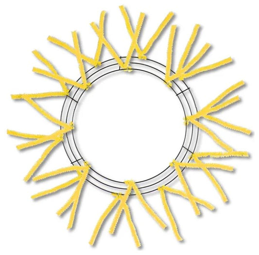 a circular wreath made of yellow pipe cleaners arranged in a circular pattern.