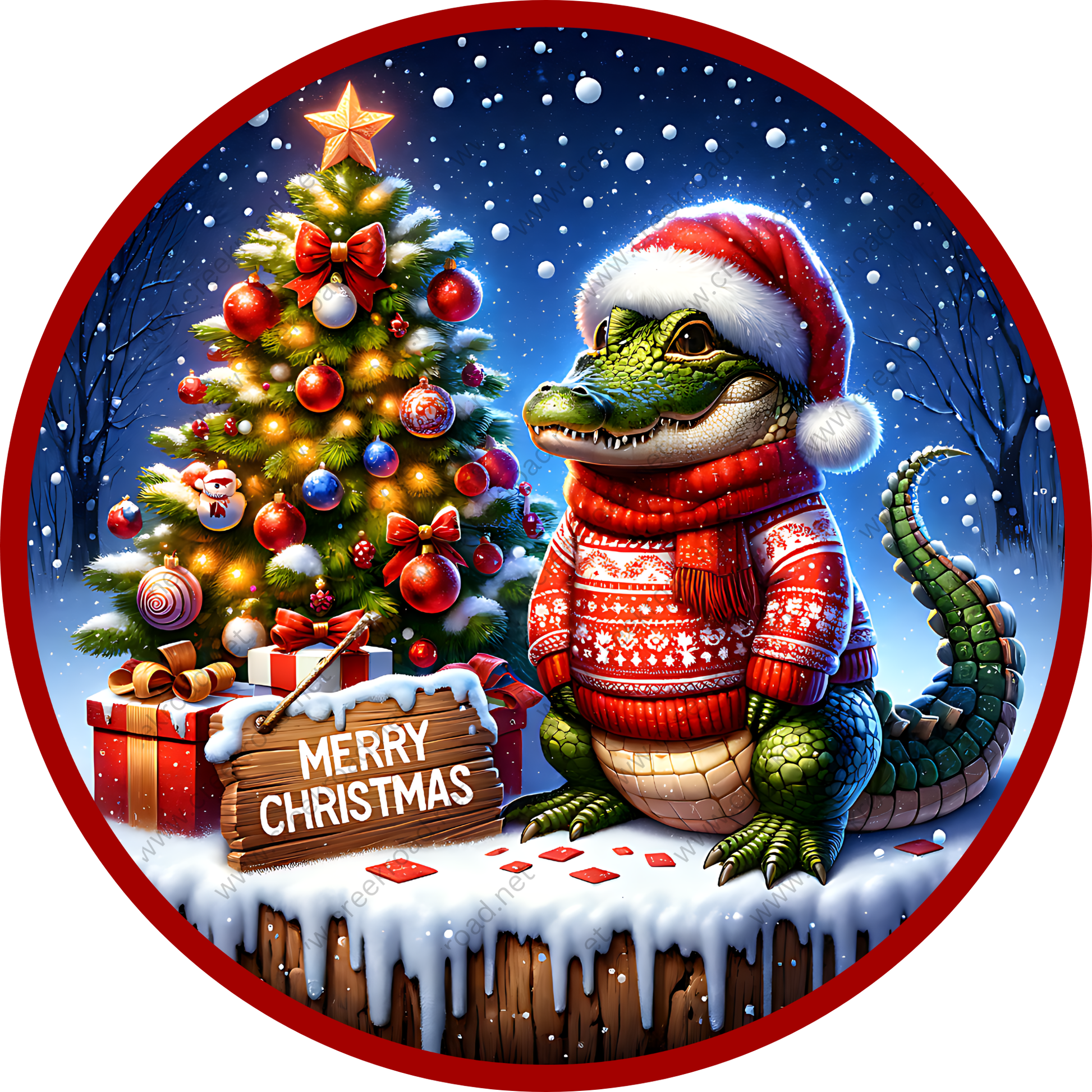A whimsical illustration depicting a green alligator wearing a Santa hat and scarf, sitting next to a Christmas tree decorated with ornaments and a "Merry Christmas" sign.