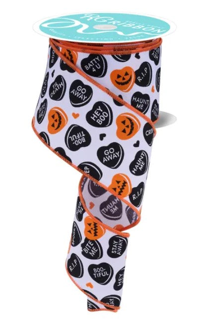 A Halloween-themed ribbon with a repeating pattern of Halloween-related phrases and pumpkins.