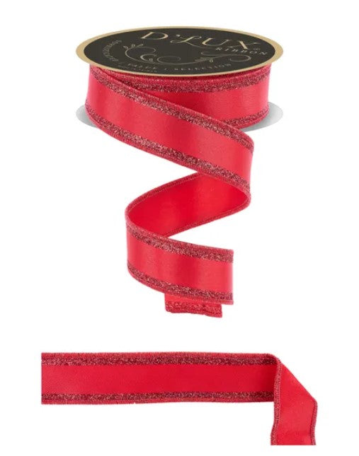a red ribbon with a metallic silver trim.
