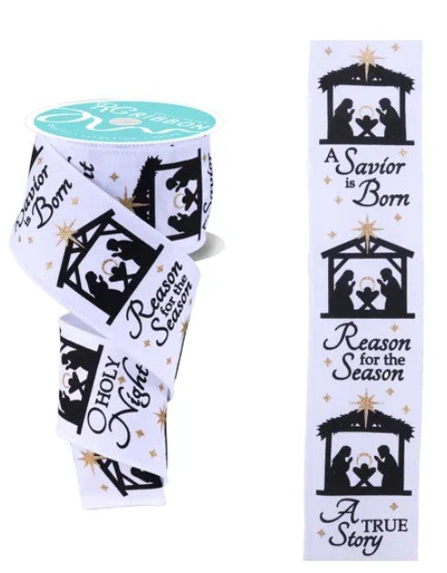 A ribbon with a nativity scene design and the text "A Savior is Born" printed on it.