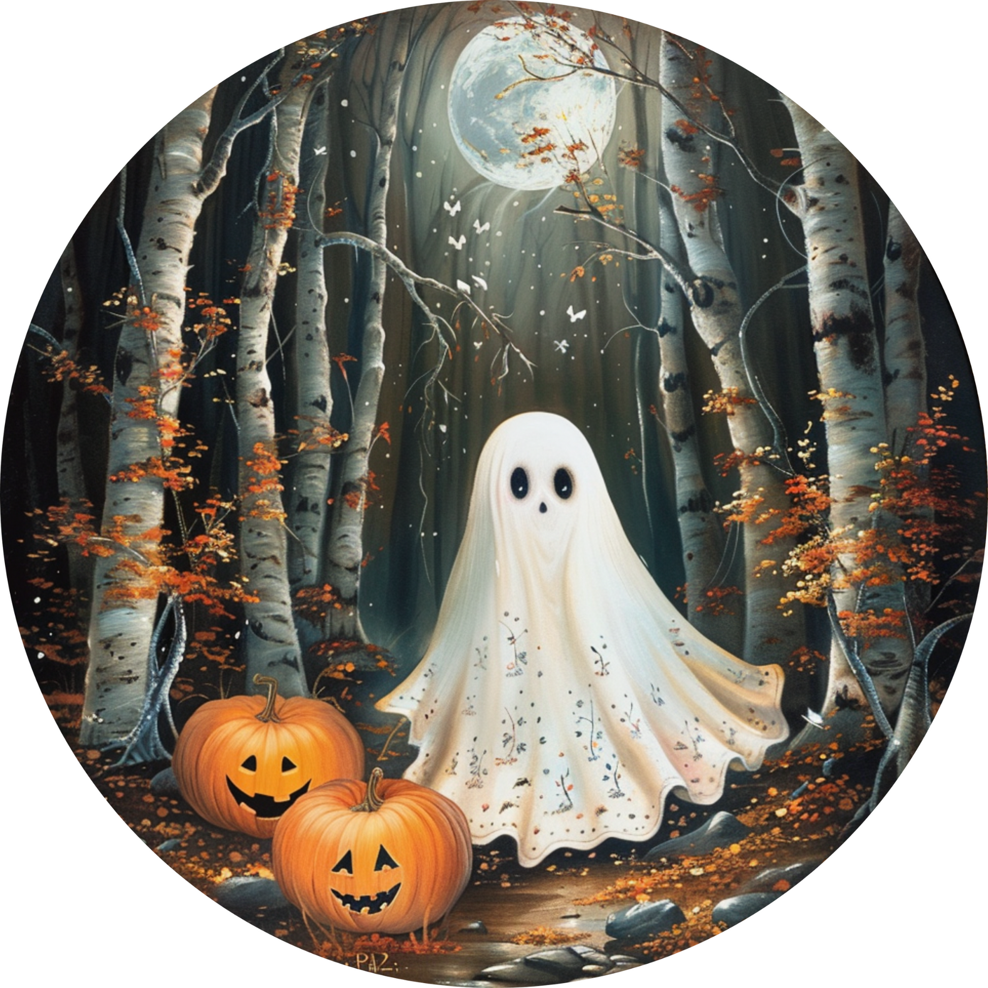 a painting of a ghost and two pumpkins