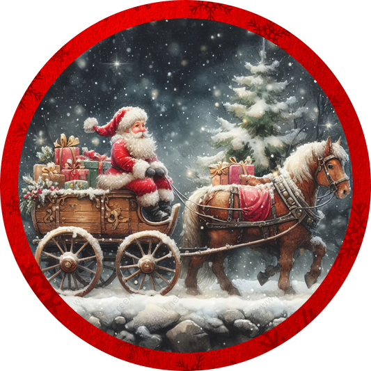 a santa clause riding in a horse drawn sleigh