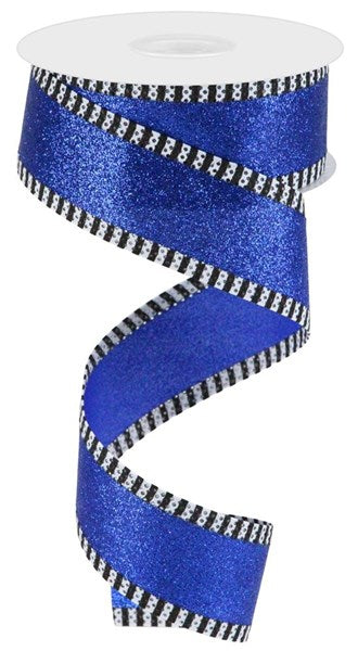 a blue ribbon with black and white stripes