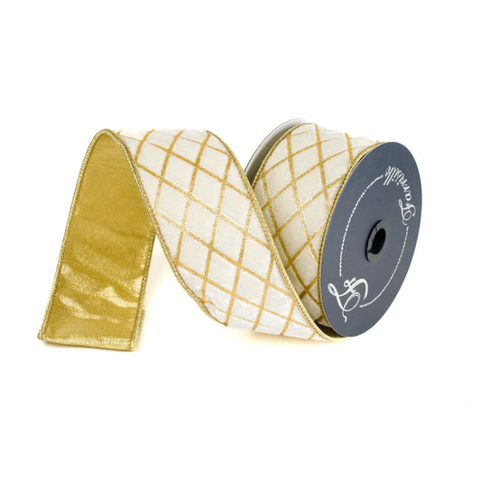 A roll of gold and white checkered ribbon with a black spool of ribbon at the end.