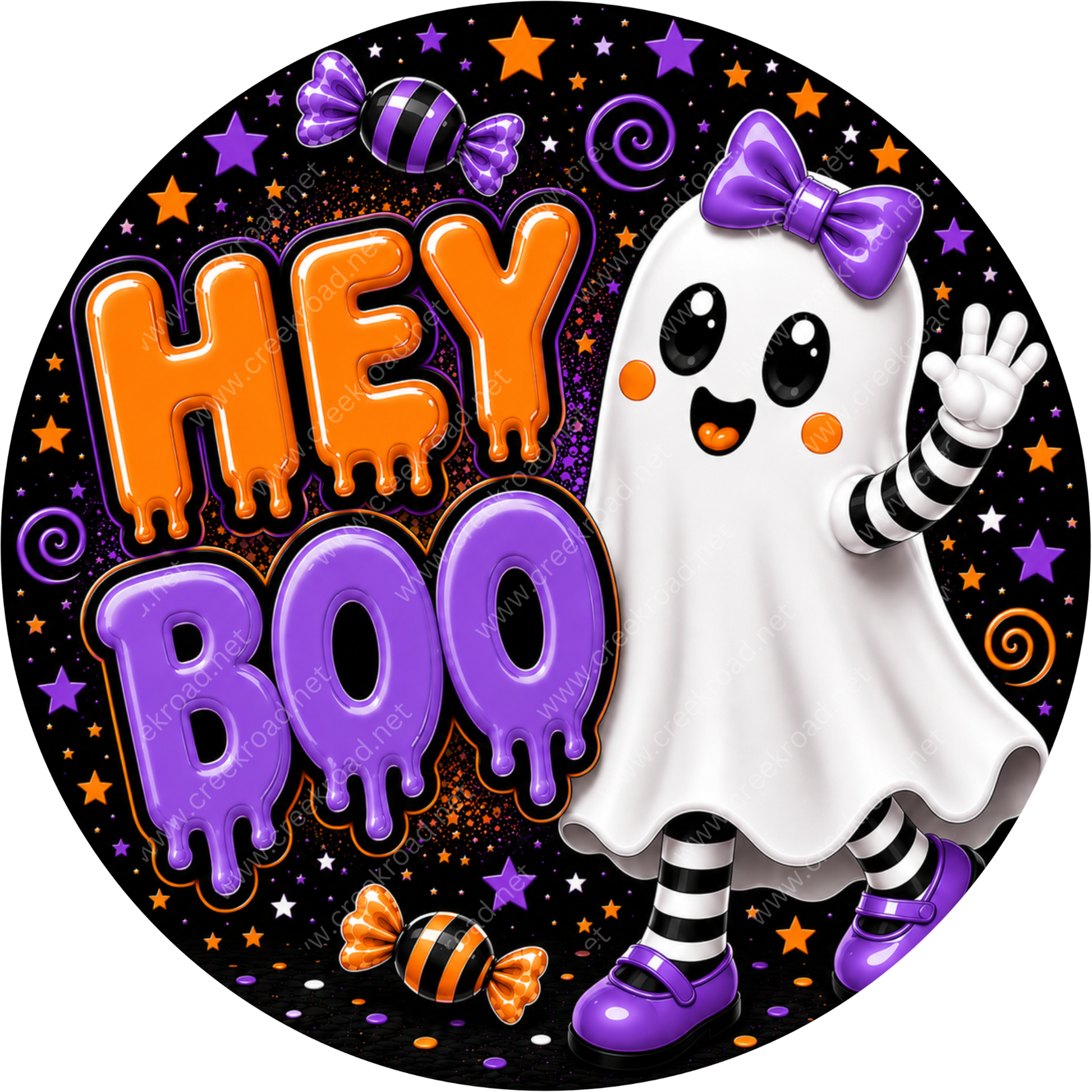 A Halloween-themed graphic featuring a smiling ghost character with a purple bow, surrounded by stars, candy, and the text "HEY BOO".