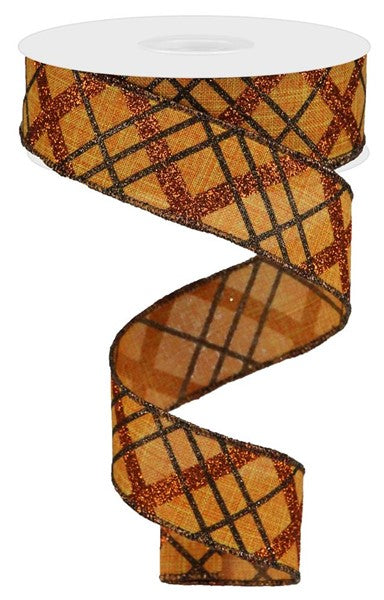 a roll of orange and brown plaid ribbon