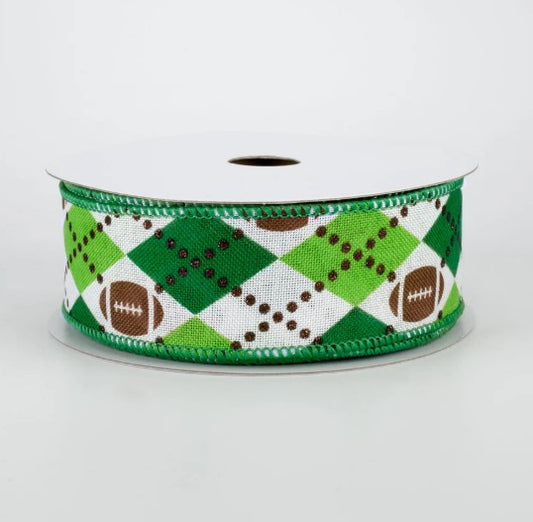 A spool of green and white fabric ribbon with a football pattern printed on it.