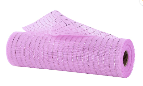 A roll of pink mesh with a grid pattern, lying on its side against a white background.