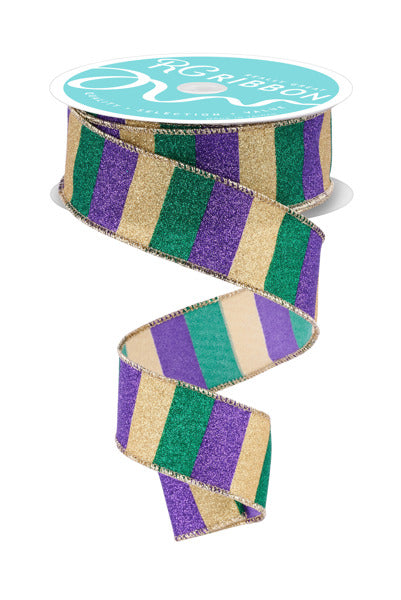 A spiral ribbon with a multicolored striped pattern, featuring shades of purple, green, and gold.