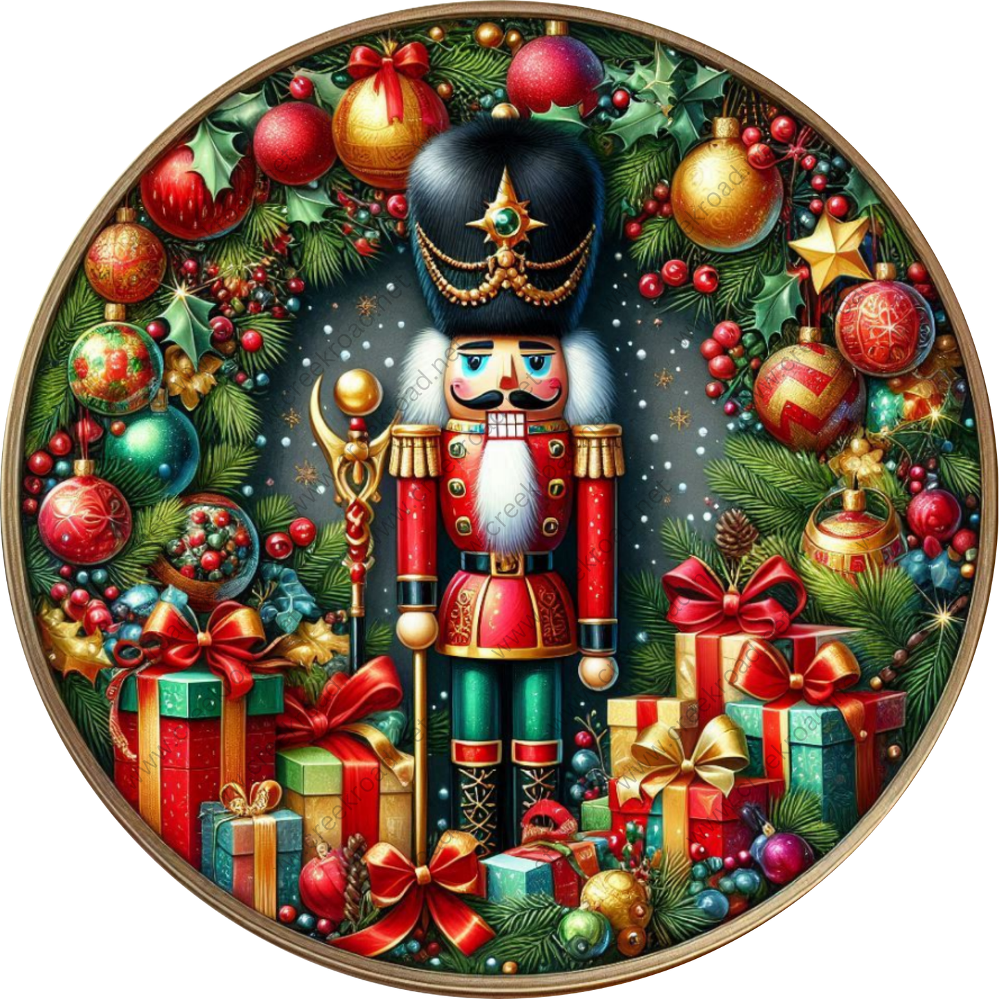 a painting of a nutcracker surrounded by christmas decorations