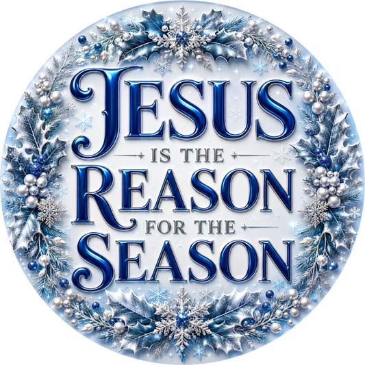 A circular design with a blue and white color scheme, featuring the text "JESUS IS THE REASON FOR THE SEASON" surrounded by snowflakes and holly leaves.