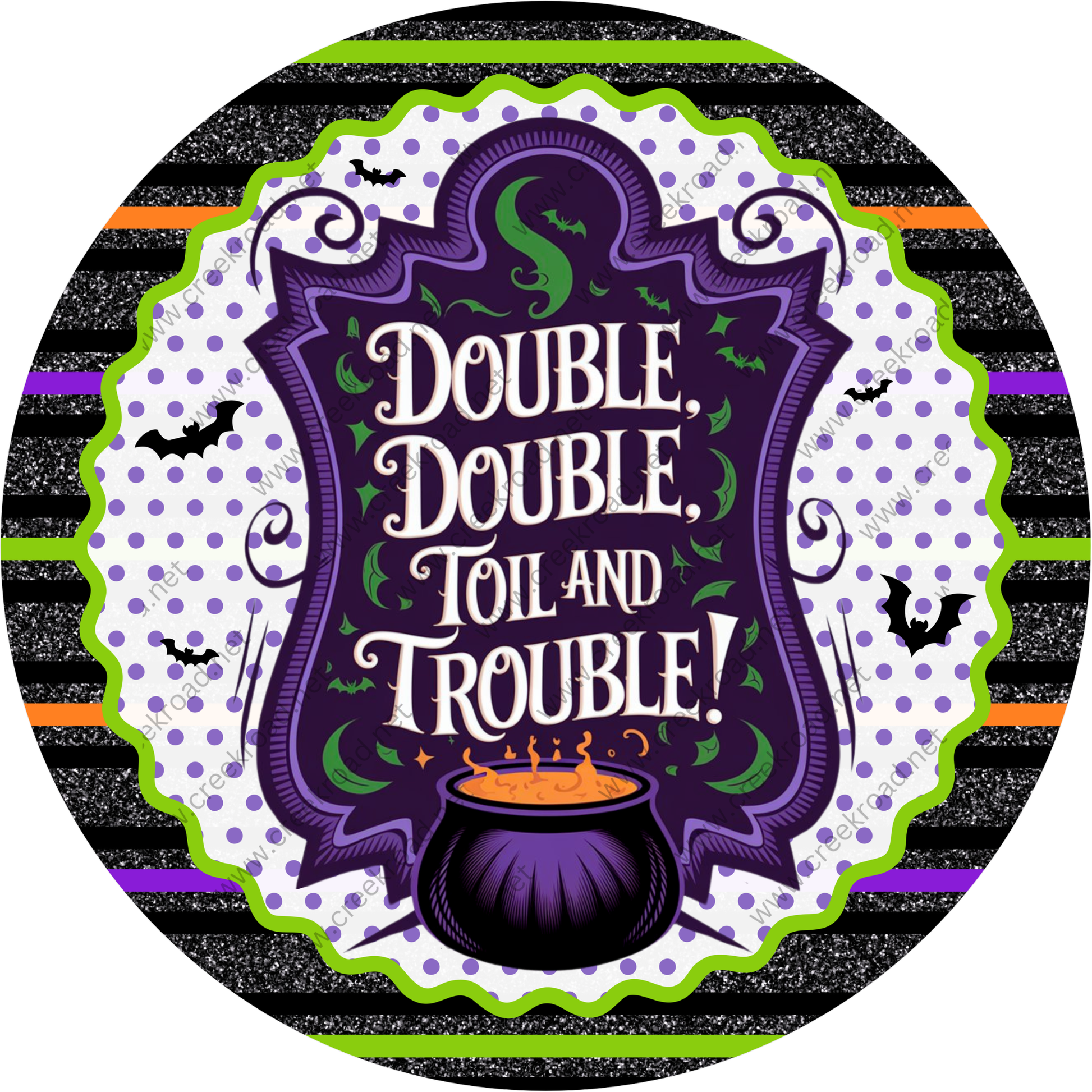 a Halloween-themed design with a pot of gold at the center, surrounded by bats and a decorative border. The text "Double, Double, Toil and Trouble!" is prominently displayed in the center of the image.