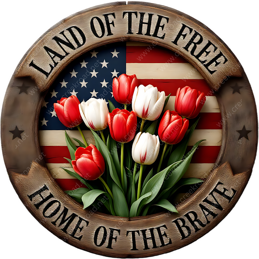 a picture of a bunch of tulips with the words land of the free