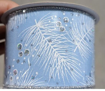 A close-up view of a blue ribbon with a white feather design and glittery accents.
