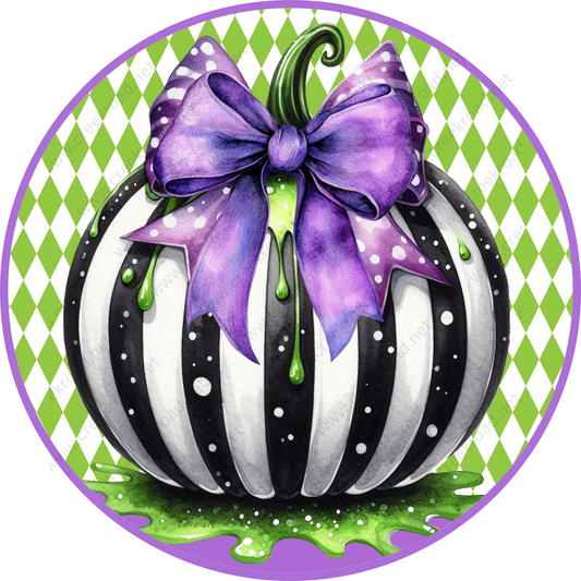 a painting of a striped pumpkin with a purple bow