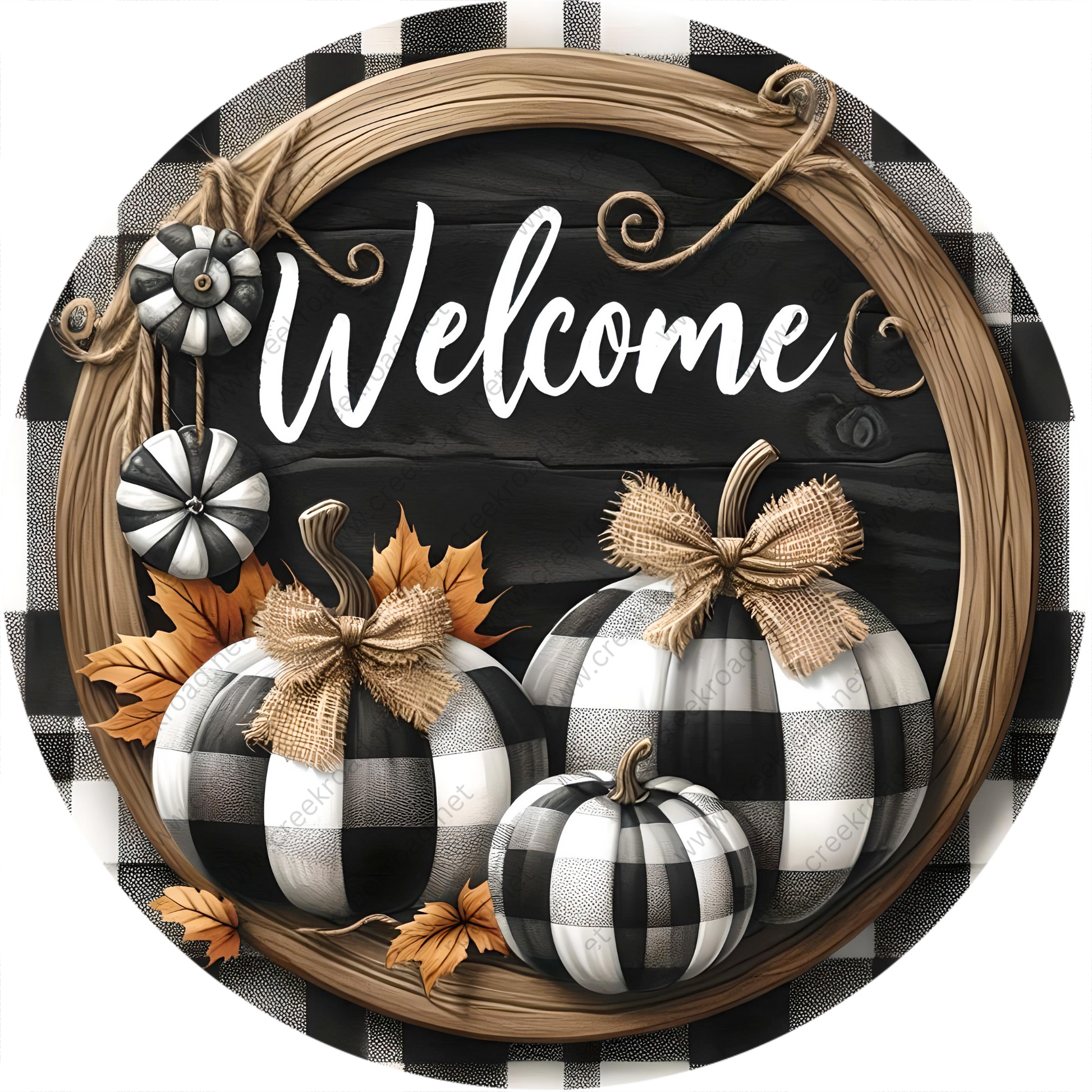 a black and white checkered welcome sign with pumpkins