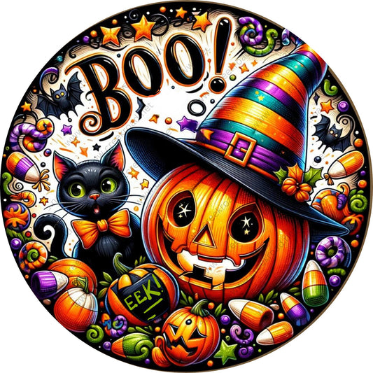 a halloween themed plate with a cat and a witch&#39;s hat