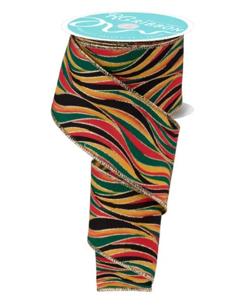 A spiral-shaped ribbon with a vibrant, multicolored pattern of stripes in shades of red, green, yellow, and black.