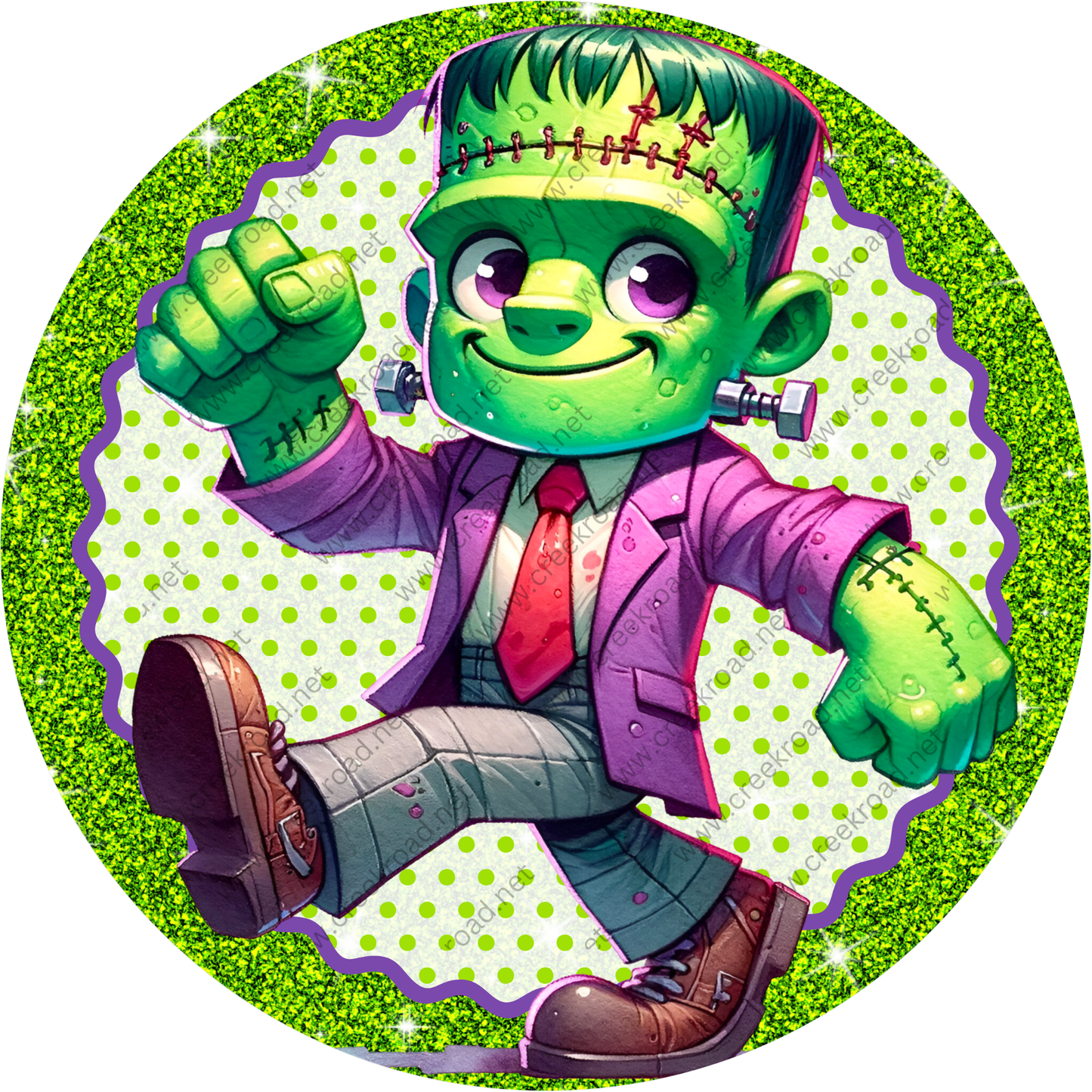 A cartoon image of a green-skinned, green-haired monster wearing a purple suit and red tie, with a big smile and a raised fist, set against a green and white polka dot background.