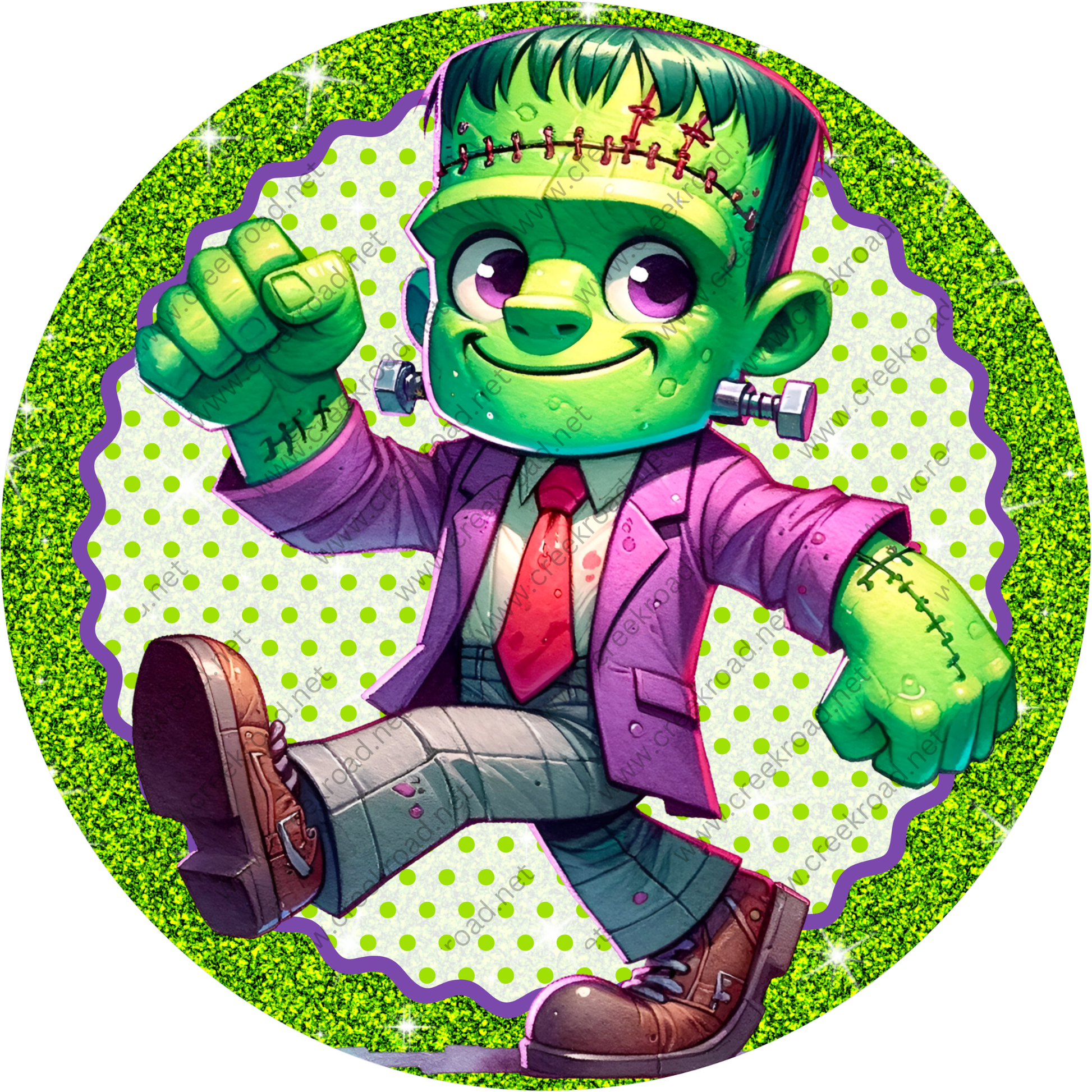 A cartoon image of a green-skinned, green-haired monster wearing a purple suit and red tie, with a big smile and a raised fist, set against a green and white polka dot background.