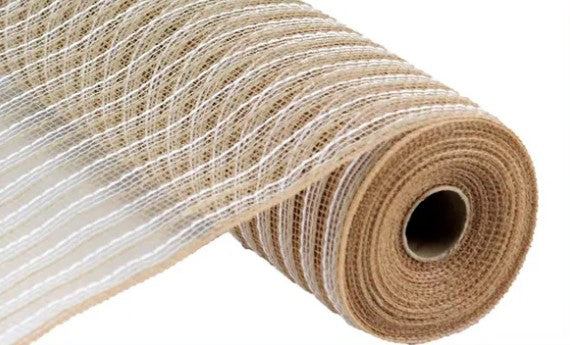 A roll of burlap with a white and beige striped pattern.