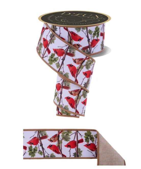 a ribbon with a repeating pattern of red birds on branches, along with green leaves. The ribbon is displayed against a white background, and there is a smaller piece of ribbon visible below it.