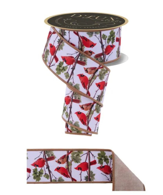 a ribbon with a repeating pattern of red birds on branches, along with green leaves. The ribbon is displayed against a white background, and there is a smaller piece of ribbon visible below it.